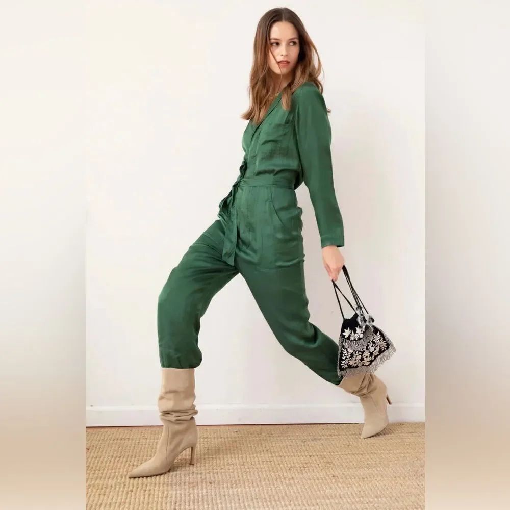 NEW Guadalupe LYDIA Forest Green Satin Long Sleeve Jumpsuit w/ Pockets Size S